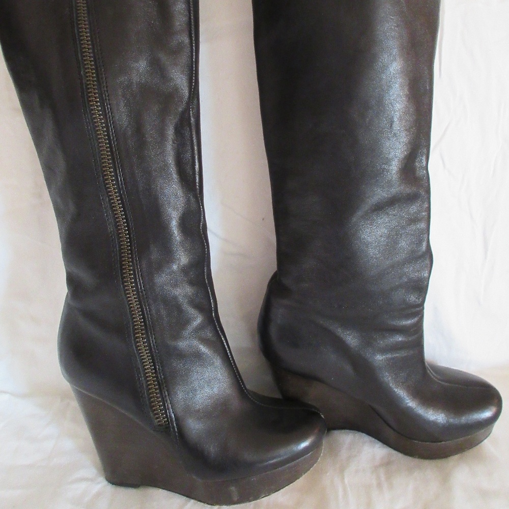 Coach Leather and Wood Wedge Knee-High Boots